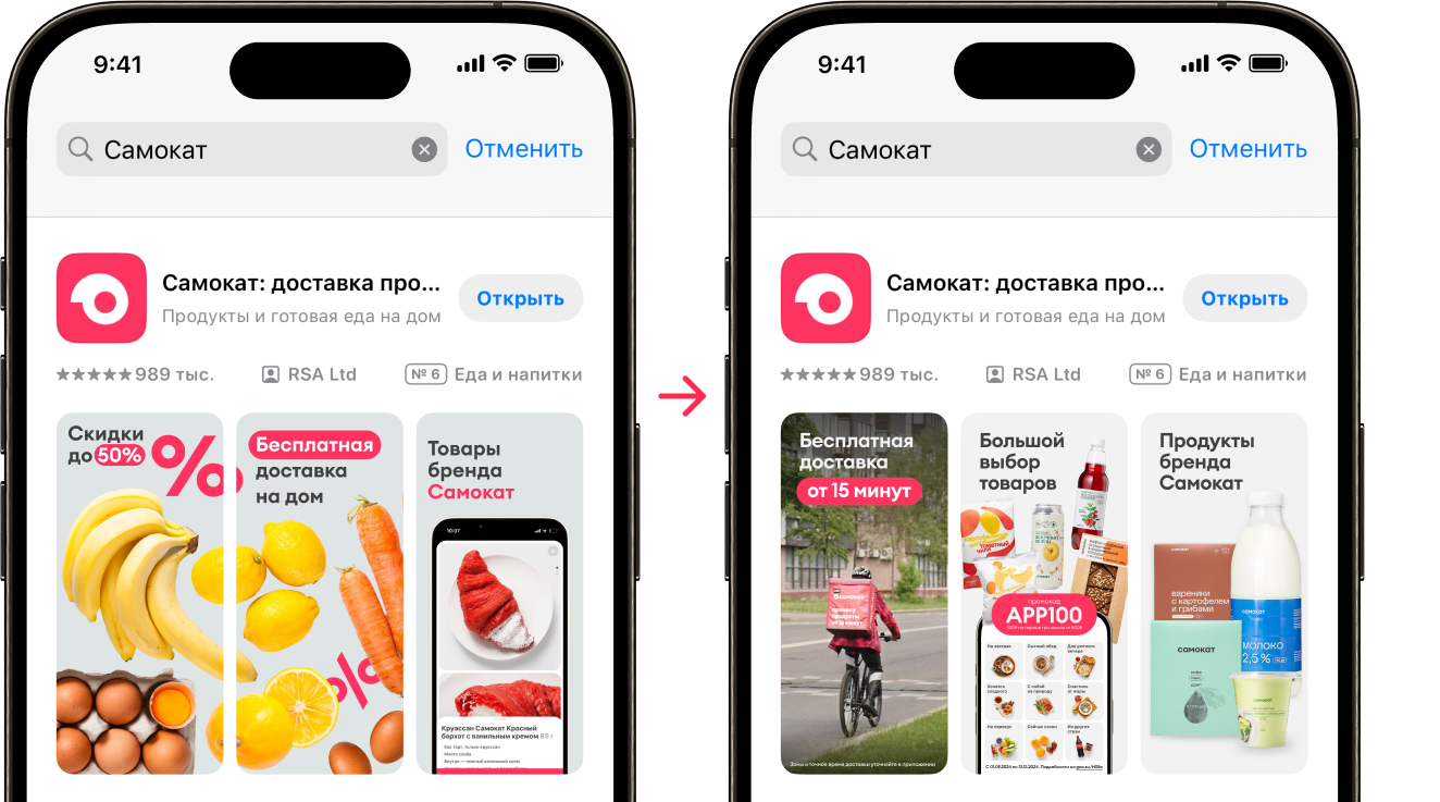 Помимо сезонных обновлений, мы протестировали новое УТП на скриншотах: сместили акцент на преимущество Самоката — быструю и бесплатную доставку.